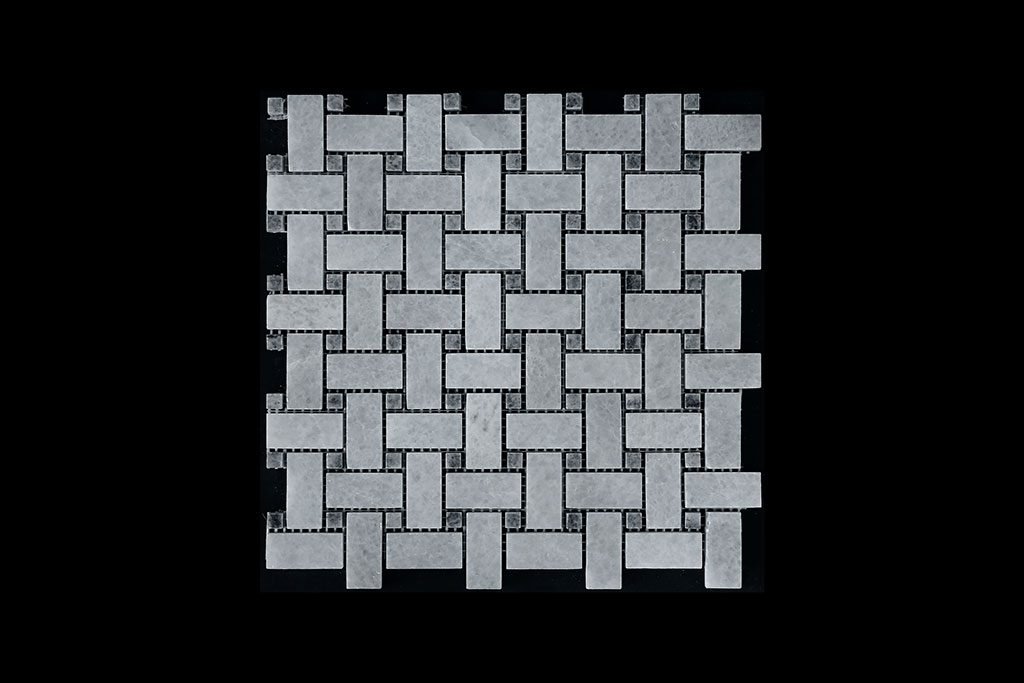 White Crystalline Basket Weave dot Grey Mosaic DK021 Polished