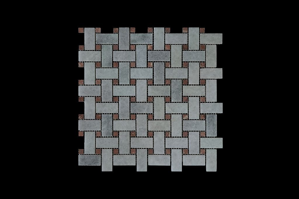 White Crystalline Basket Weave dot Red Marble Mosaic DK021 Honed