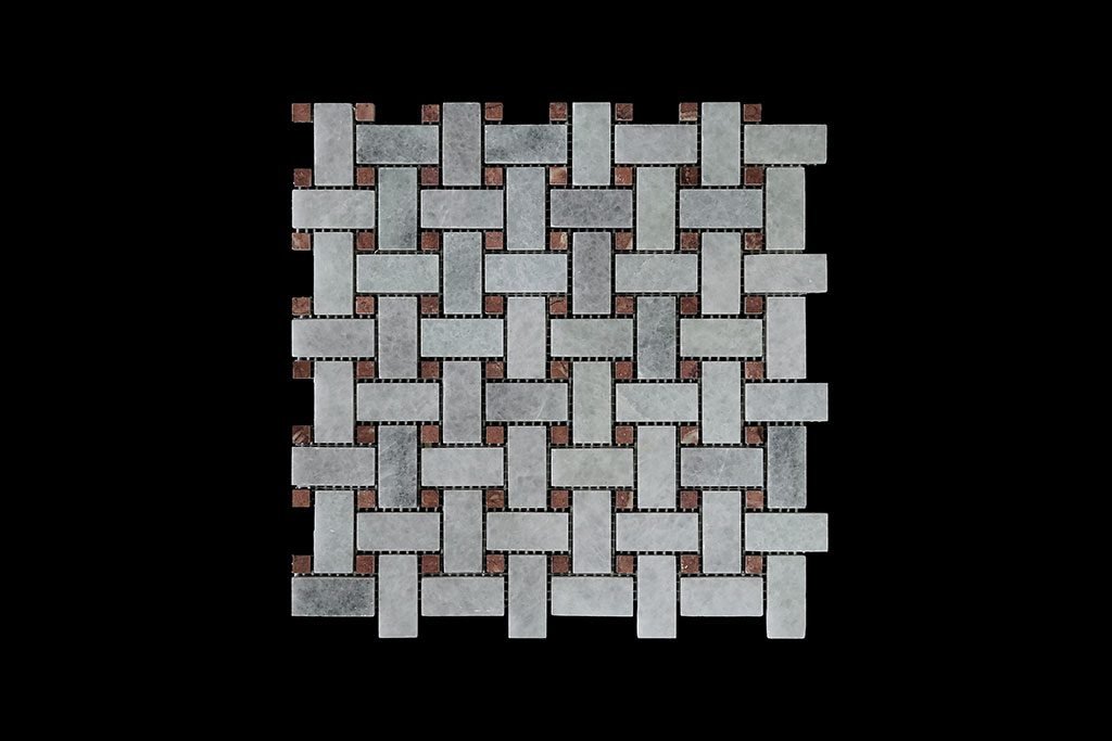 White Crystalline Basket Weave dot Red Marble Mosaic DK021 Polished