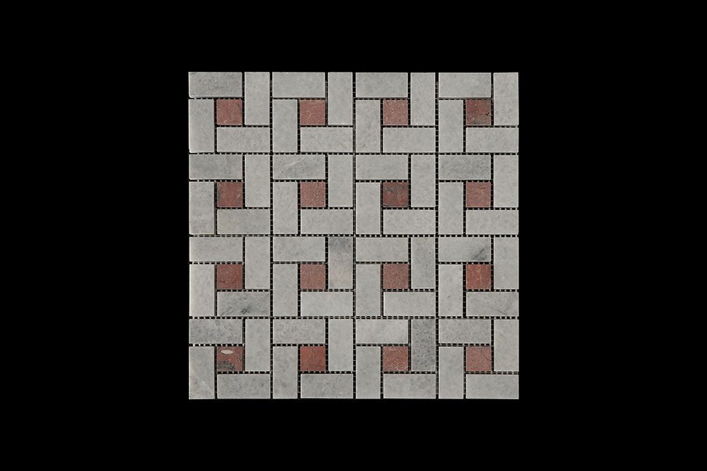 White Crystalline Block Weave Mosaic DK 006 Dot Red Marble