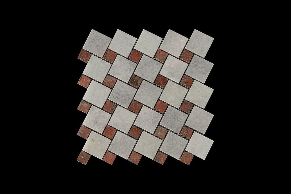 White Crystalline Mosaic DK 013 Dot Mega Red Comb. Ploshed + Honed