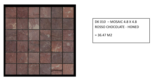 Mosaic tile sheet, Rosso Chocolate, honed finish, 4.8x4.8 cm, total area 36.47 m2, earthy tones suitable for interiors.