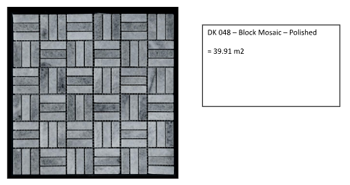 Polished block mosaic tile pattern DK 048 covering 39.91 m2, featuring a geometric design in grayscale.