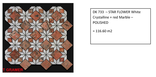 Red and white star flower marble tile design, polished crystalline texture, covering 116.60 m2.