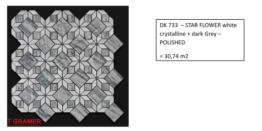 Polished DK 733 Star Flower tile pattern in white crystalline and dark grey, 30.74 m2.